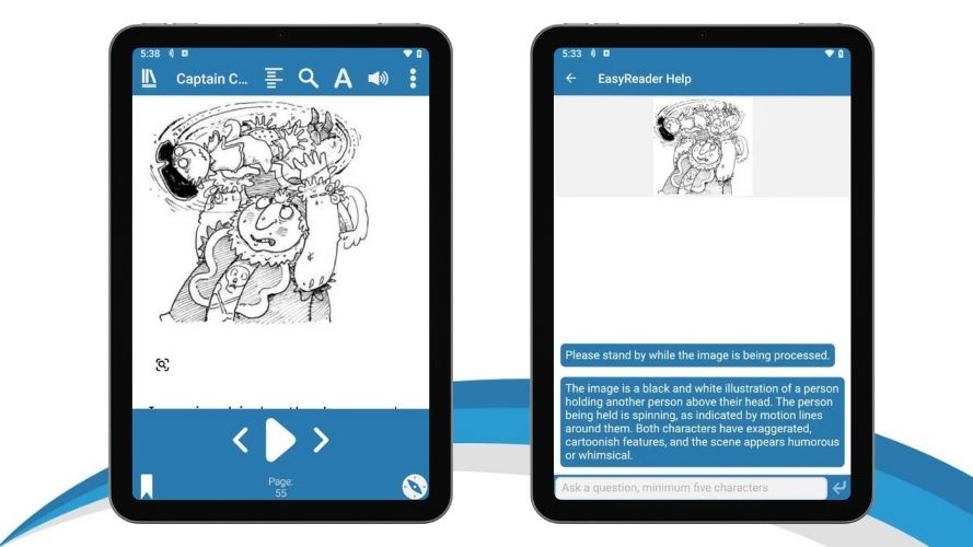 Illustration displayed on screen with another screen showing the AI description of that image.